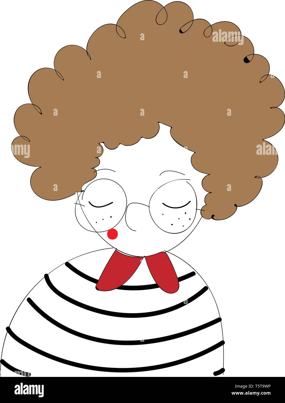 Ragazza con ricci capelli castani e bicchieri arrotondati illustrazione vettoriale su sfondo bianco. Illustrazione Vettoriale