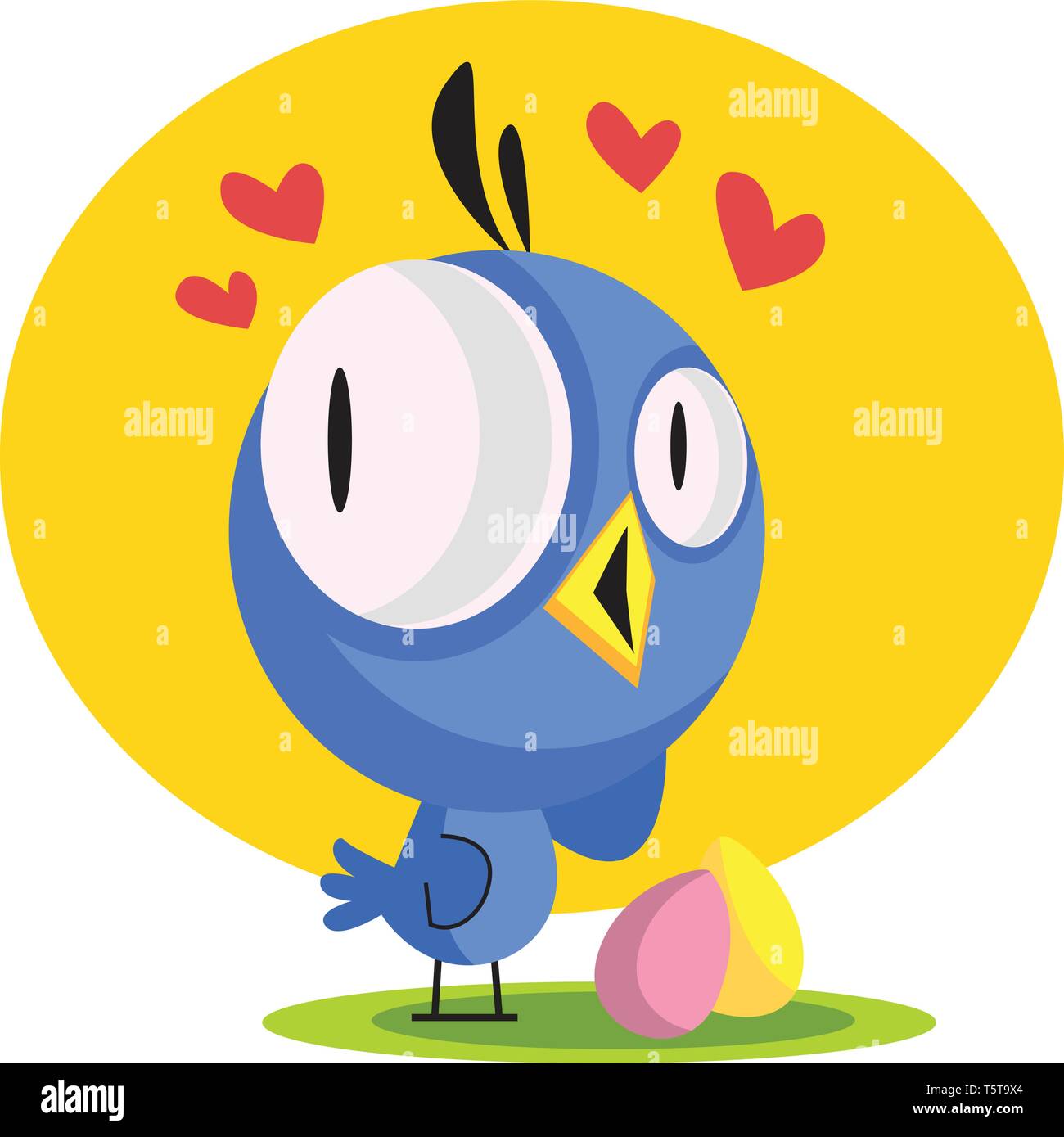 Little blue bird guardando le uova di Pasqua di condivisione dell'amore illustrazione vettore web su sfondo bianco Illustrazione Vettoriale