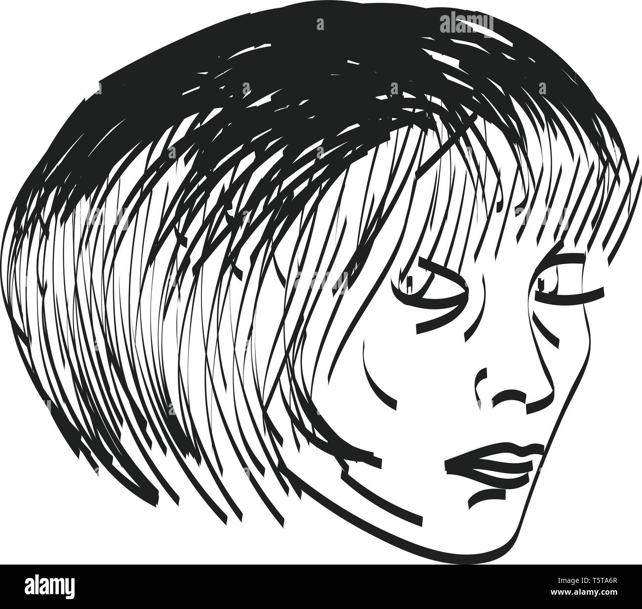 Un schizzo di una ragazza con i capelli corti cercando nella sua giusta direzione del vettore di disegno a colori o illustrazione Illustrazione Vettoriale