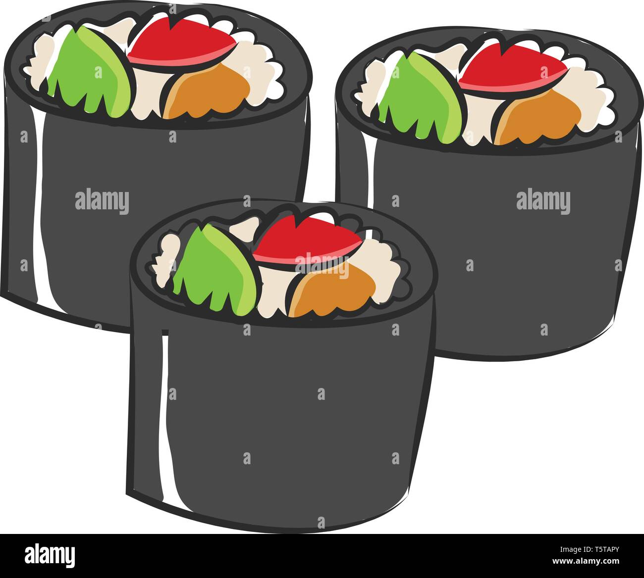 Cartoon marrone pallido color sushi esprime rabbia da mordere i suoi denti rettangolari mentre si chiude gli occhi del vettore di disegno a colori o illustrazione Illustrazione Vettoriale