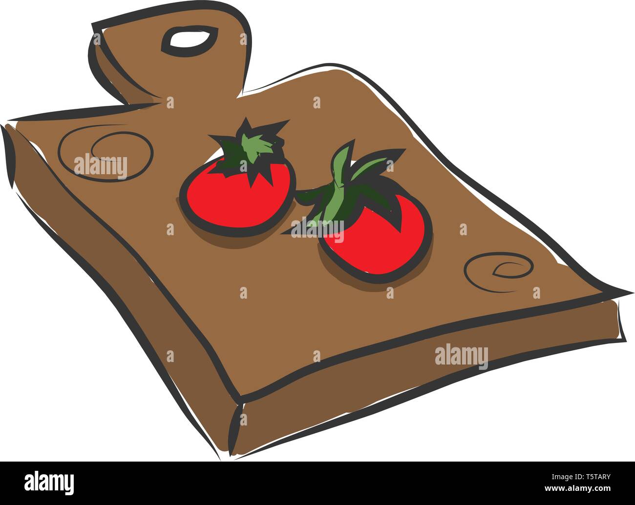 Clipart di due pomodori in un legno tampone di taglio di forma rettangolare e con competenze per sospendere i chiodi o ganci del vettore di parete co Illustrazione Vettoriale
