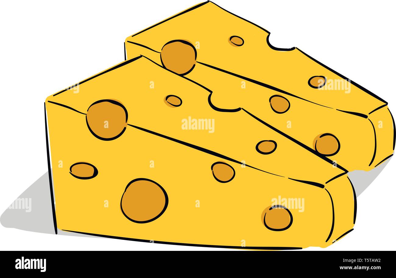 Due pezzi di forma triangolare formaggio di colore giallo è di tutti i tempi il mouse il cibo preferito del vettore di disegno a colori o illustrazione Illustrazione Vettoriale