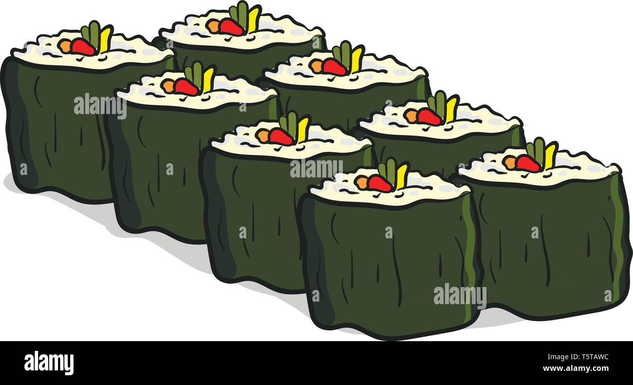 Clipart di otto sushi famoso piatto Giapponese costituito da riso condito con verdure disposte in due file di quattro in ciascun vettore il colore di disegno o illustra Illustrazione Vettoriale
