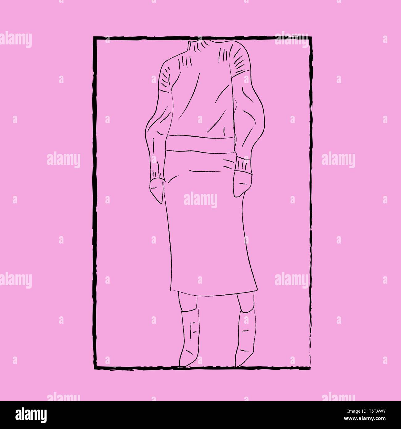 Arte della linea del corpo di una donna in abiti invernali, racchiuso in un rettangolo nero vettore telaio il colore di disegno o illustrazione Illustrazione Vettoriale