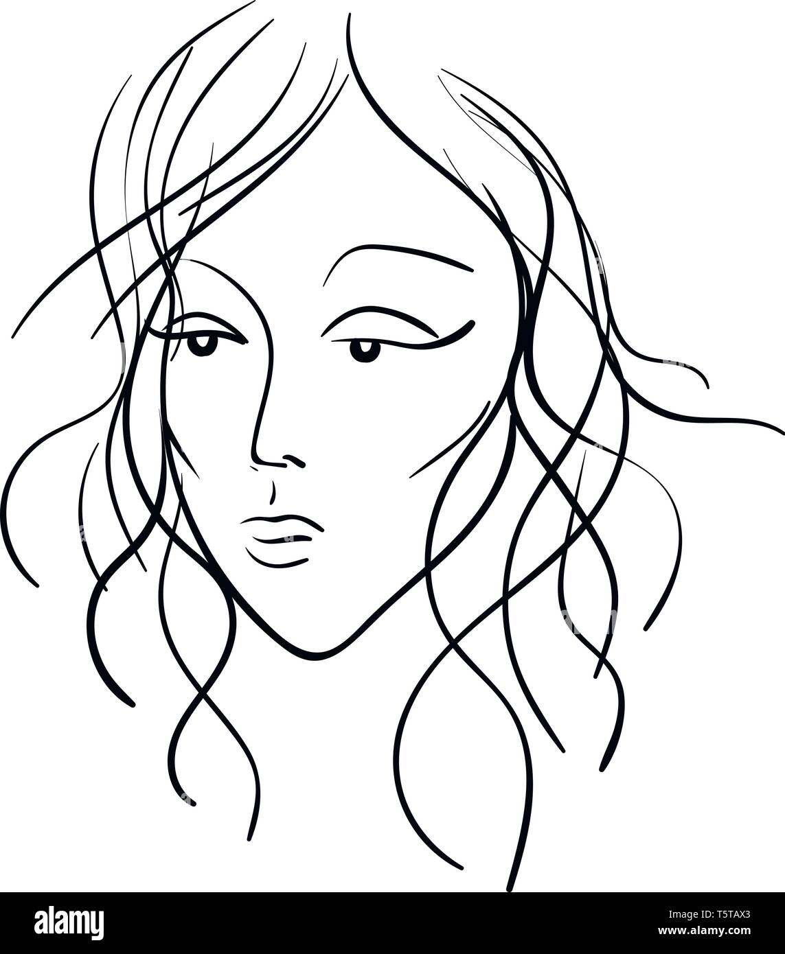 Schizzo del volto di una bella donna in nero express vettore di tristezza il colore di disegno o illustrazione Illustrazione Vettoriale
