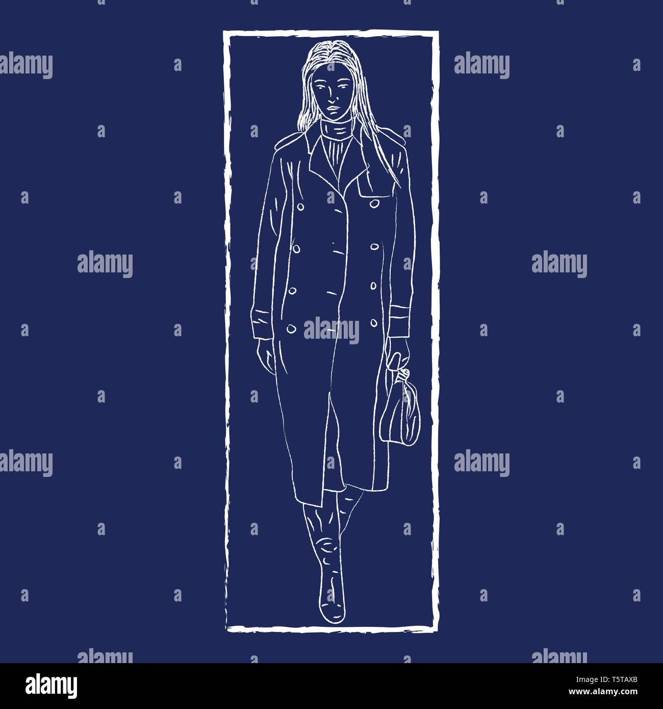 Arte di linea di una donna che indossa un elegante rivestire con i pulsanti nel suo pelo libero detiene una borsetta mentre si cammina racchiuso in un bianco rettangolare vettore telaio co Illustrazione Vettoriale