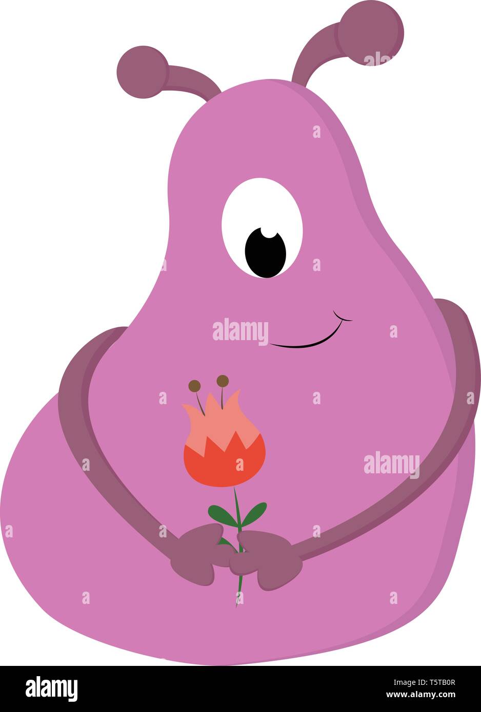 Sorridente rosa one-eyed monster blob tenendo un fiore rosso illustrazione vettoriale su sfondo bianco Illustrazione Vettoriale