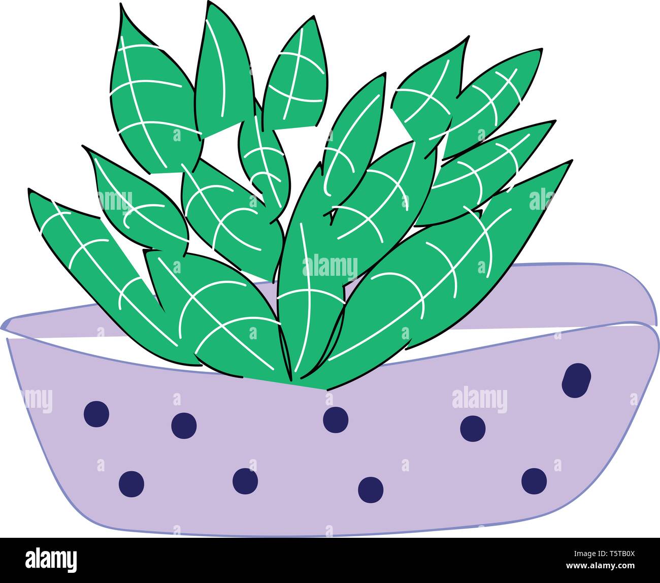 Vaso viola con puntini blu e pianta verde illustrazione vettoriale su sfondo bianco Illustrazione Vettoriale