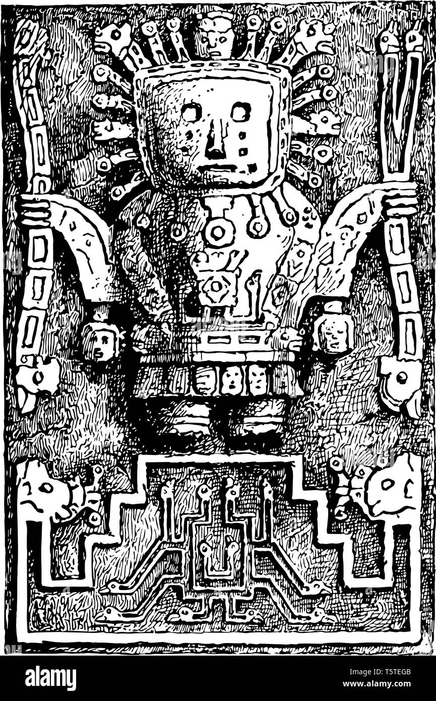 Questa è l'immagine di una scultura antica del Perù. La struttura della scultura è come un robot. Questa scultura antica del paese Perù, vintage Illustrazione Vettoriale