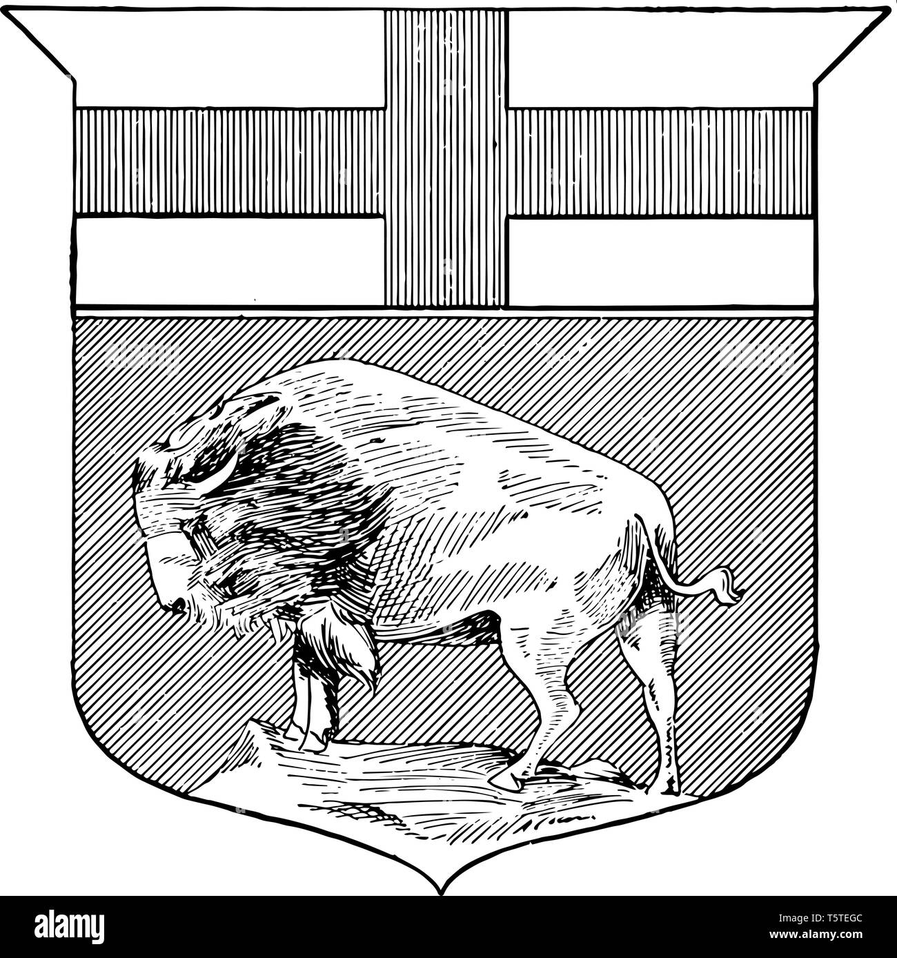 Segno più lungo con bison in cappotto maqnitoba vintage disegno della linea. Illustrazione Vettoriale