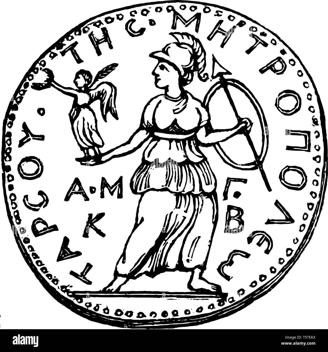 Una medaglia che mostra una persona in possesso di una statua femminile, vintage disegno della linea di incisione o illustrazione. Illustrazione Vettoriale