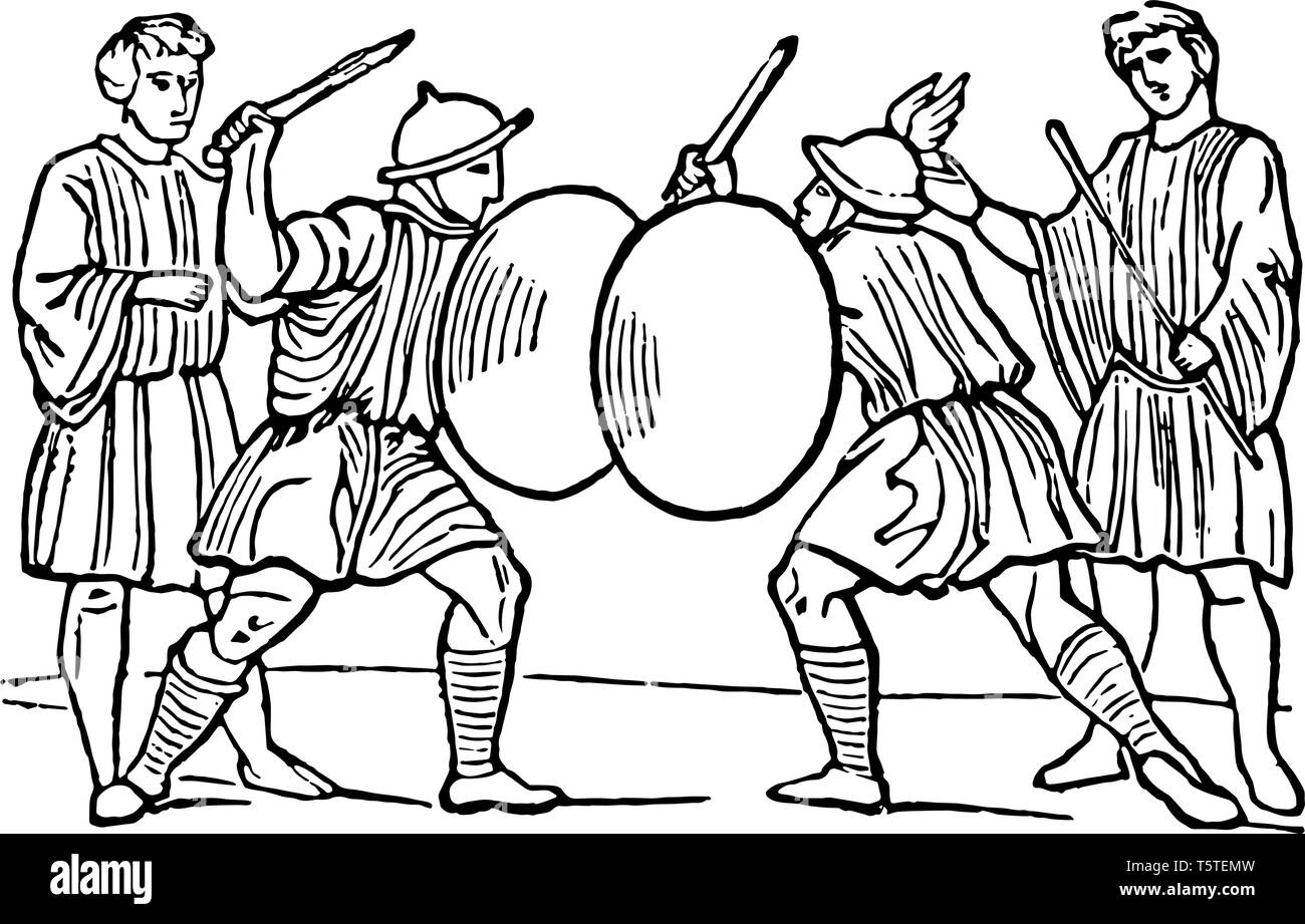 In questa immagine ci sono 4 persone. Ci sono alcune armi nelle mani delle persone. Ci sono due persone che indossano il cappuccio sulle loro teste, vintage disegno della linea o Illustrazione Vettoriale