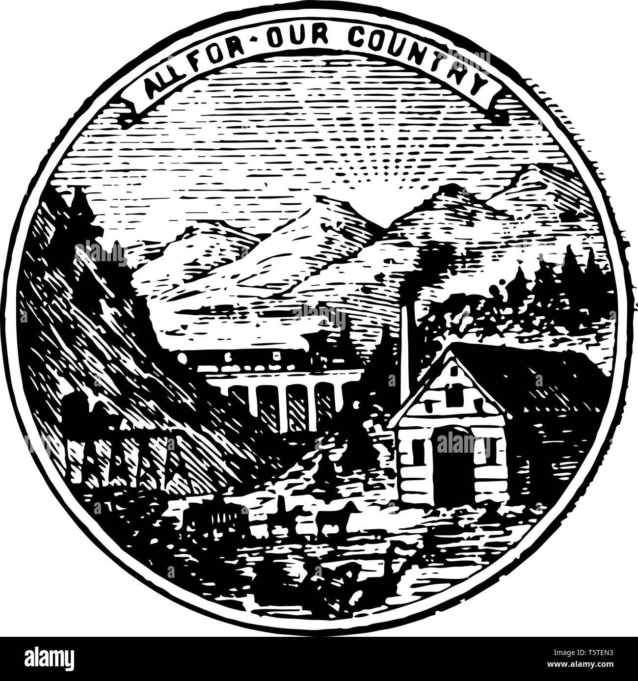 Nevada sigillo ufficiale che mostra immagine di una miniera di argento e il suo team si muove un carload di minerale, un mulino posto vicino mountainvintage disegno della linea. Illustrazione Vettoriale