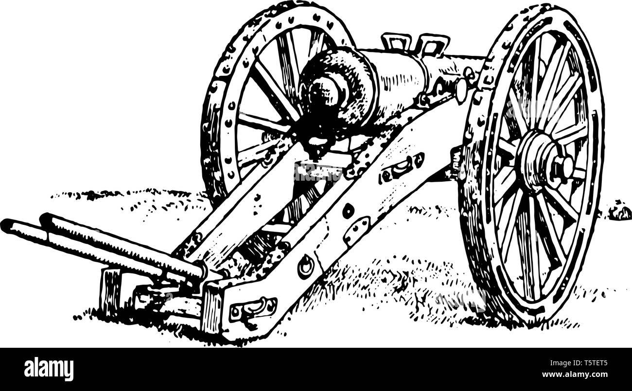 Questa immagine rappresenta il cannone utilizzato al momento della Rivoluzione Americana, vintage disegno della linea di incisione o illustrazione. Illustrazione Vettoriale