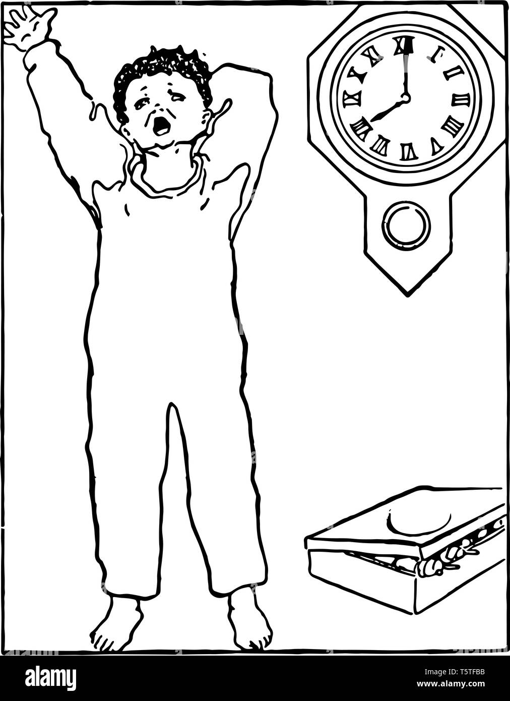 Un bambino a sbadigliare di fronte orologio da parete a 8:00 e toy box è posizionato in corrispondenza del pavimento vicino ai suoi piedi, vintage disegno della linea di incisione o illustrazione. Illustrazione Vettoriale