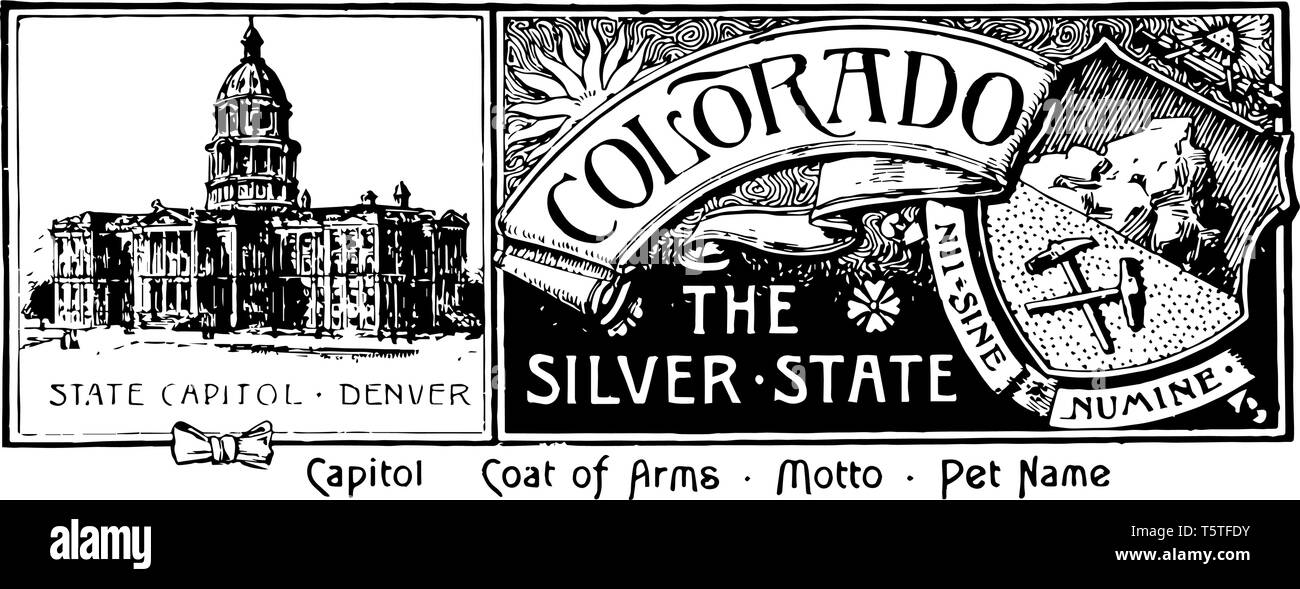 Banner di stato di Colarado progettato con lo State Capitol Building sul lato destro e la guarnizione di tenuta del Colarado nella sua sinistra con 'Colorado' scritto su di esso vintage l Illustrazione Vettoriale