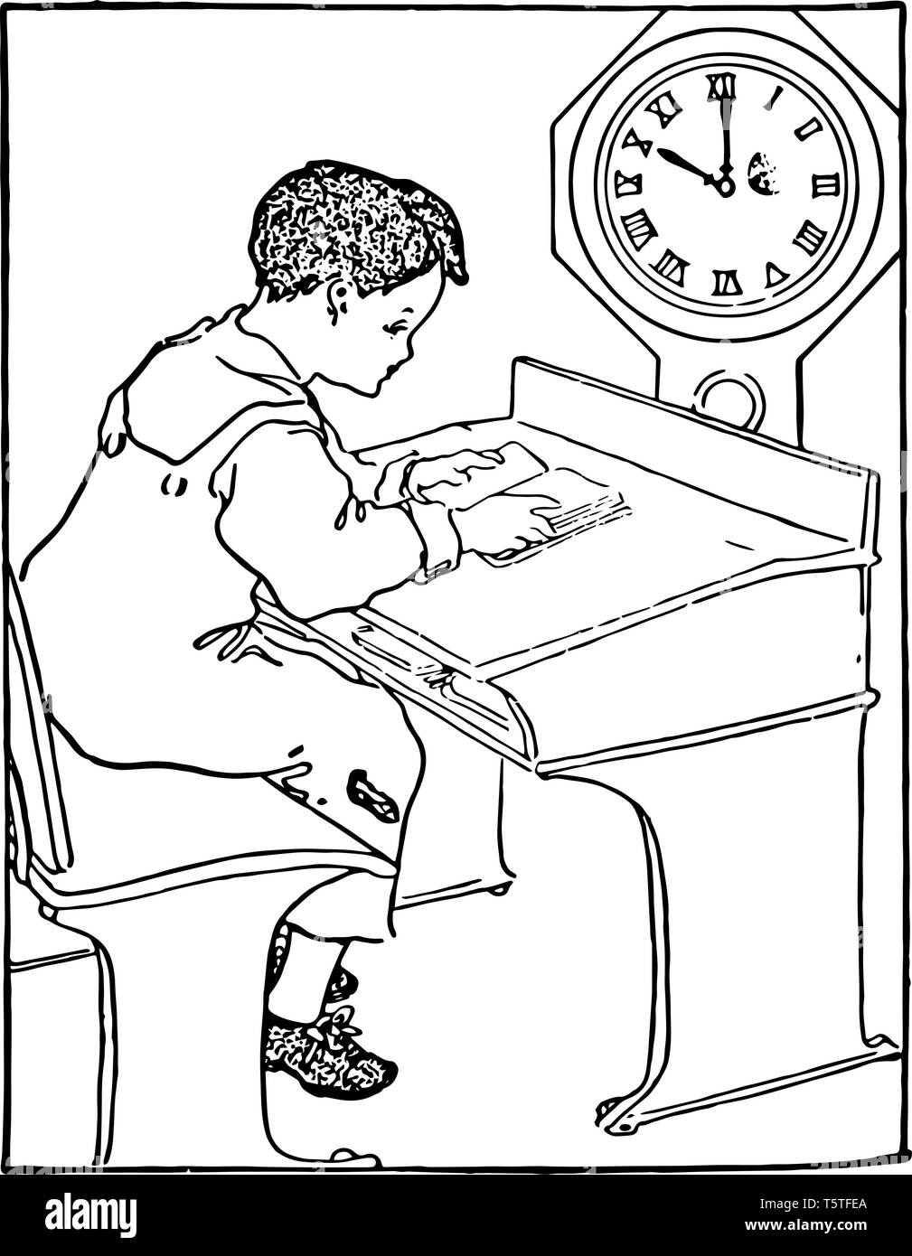 Questa figura mostra un bambino seduto sul banco la lettura di un libro di scuola. Tempo mostrato nella watch è 10:00, vintage disegno della linea o incisione illustratio Illustrazione Vettoriale