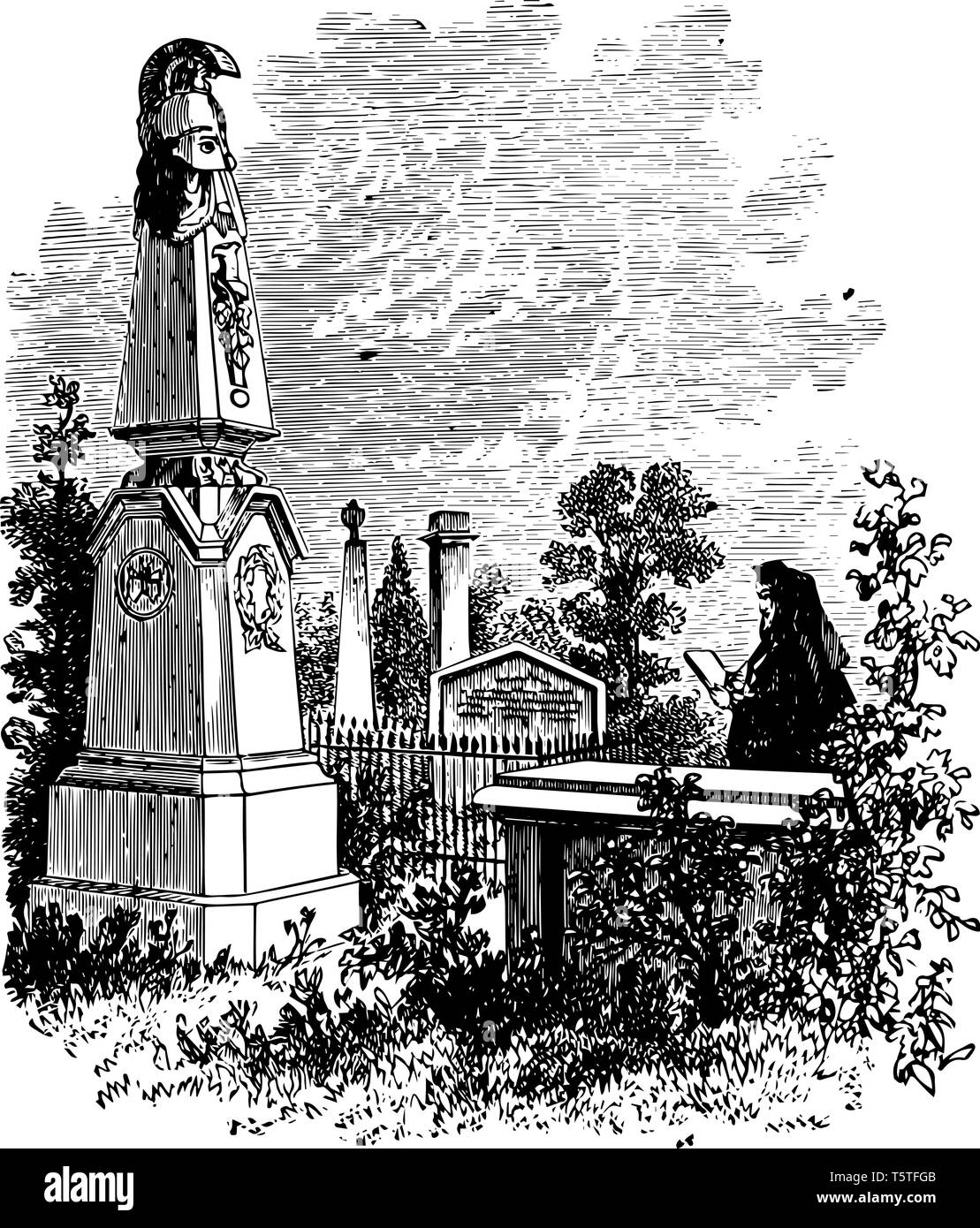 Alexander Macombs monumento è la statua del gen. Alexander Macomb, eroe in guerra 1812 linea vintage disegno. Illustrazione Vettoriale