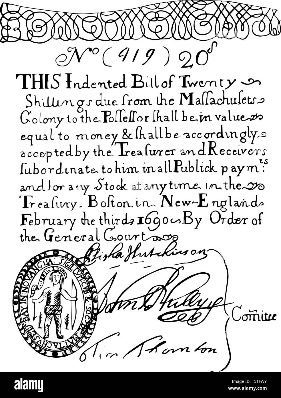 Colony rilasciato la prima carta moneta nelle colonie nel 1690.che era chiamato note coloniale, vintage disegno della linea di incisione o illustrazione. Illustrazione Vettoriale