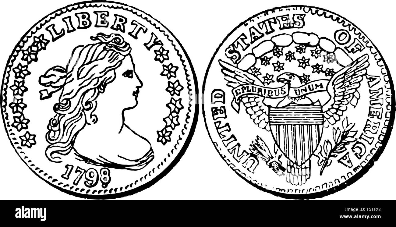 Una foto mostra argento moneta Dime, 1796. Complementare mostra rivolti a destra lady, con iscritto- LIBERTY sul sopra e 1796 sul seguito. Retro mostra un flyi Illustrazione Vettoriale