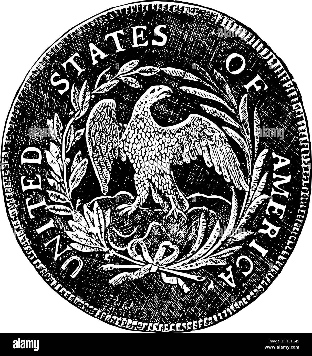 L'immagine di Stati Uniti Silver Dollar. Eagle design e Stati Uniti d'America è sulla parte superiore della moneta, vintage disegno della linea o engrav Illustrazione Vettoriale