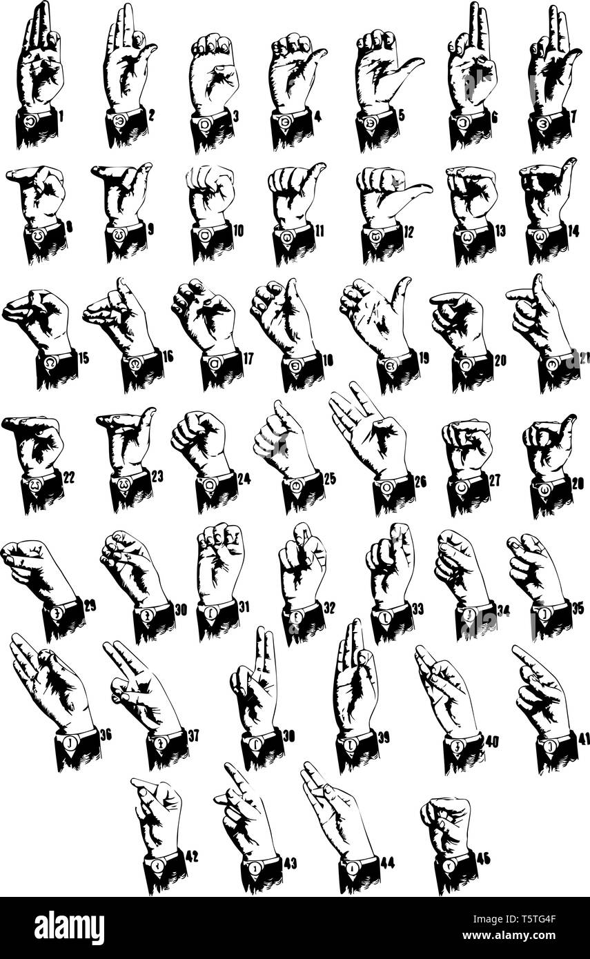 Codice di inglese suona in cui 45 posizioni delle mani che rappresentano i suoni della lingua inglese come descritto in Lyon manuale di fonetica, vintage linea d Illustrazione Vettoriale