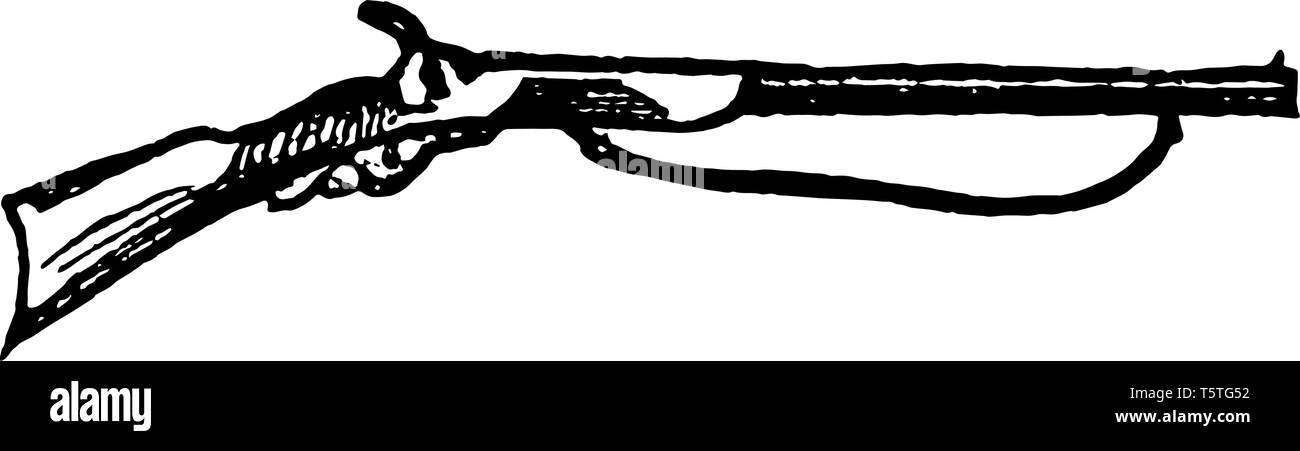 Moschetto è una sorta di braccio di fuoco scaricato mediante un blocco di percussione, vintage disegno della linea di incisione o illustrazione. Illustrazione Vettoriale