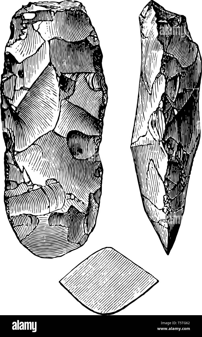 Questa immagine mostra il neolitico attrezzo. Ci sono 3 strumenti del Neolitico. Tutti gli strumenti sono pieni di linee nere, vintage disegno della linea o incisione illustratio Illustrazione Vettoriale