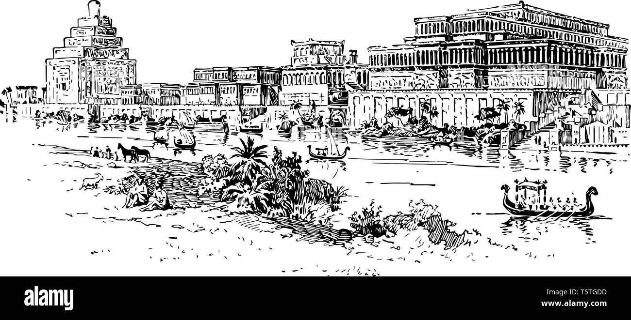 L'immagine mostra il Palazzo assira. Si tratta di un grande palazzo vecchio un lungo tempo fa. C'è un fiume vicino al Palazzo assira. Villaggi e gli animali sono als Illustrazione Vettoriale