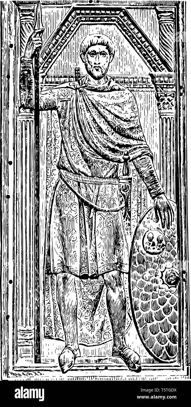 Un'immagine del comandante militare che fissano la protezione e il giavellotto, vintage disegno della linea di incisione o illustrazione. Illustrazione Vettoriale