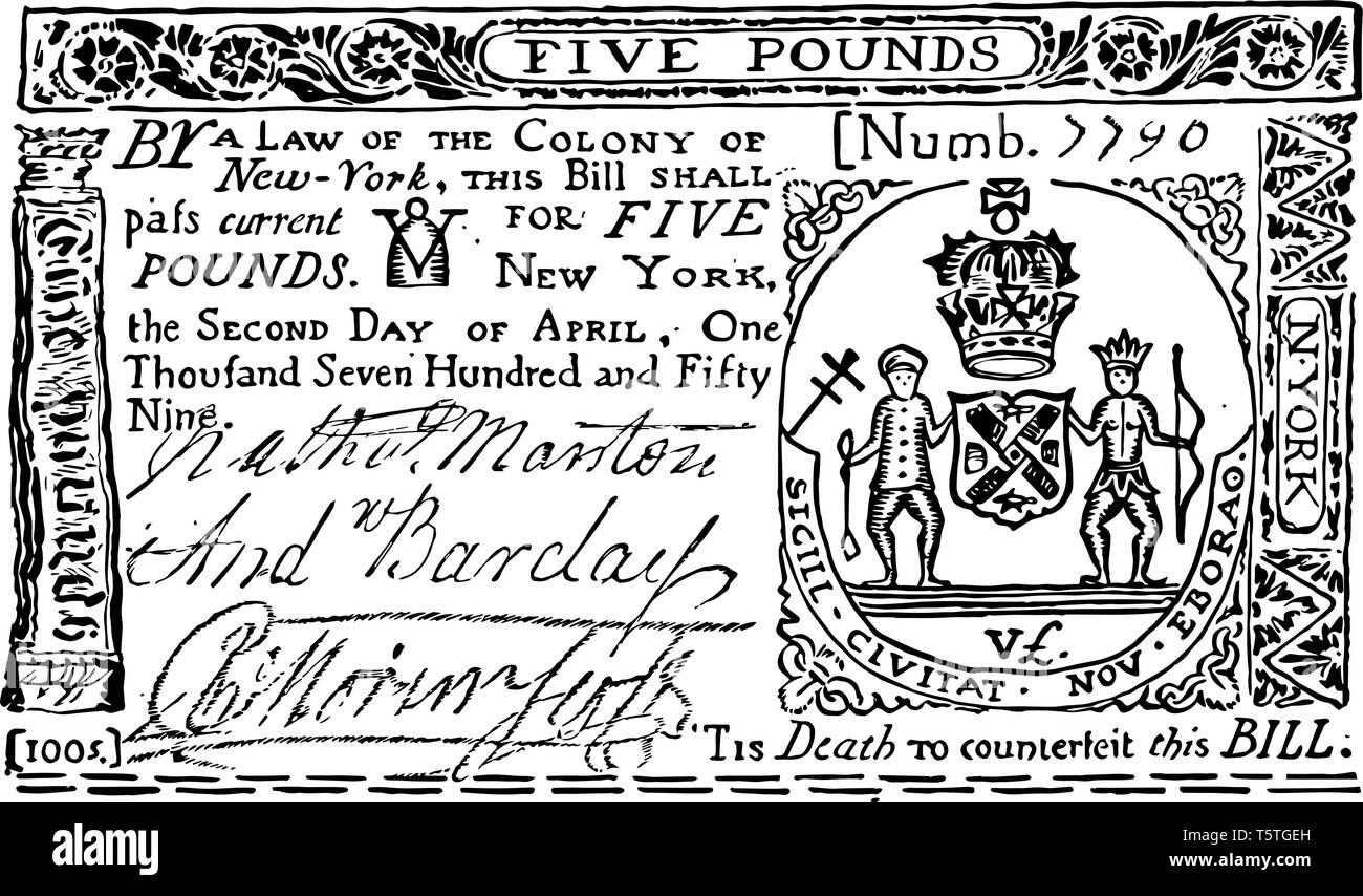 Una foto che mostra New York Colonial carta moneta. Questo denaro è costituito da carta, vintage disegno della linea di incisione o illustrazione. Illustrazione Vettoriale
