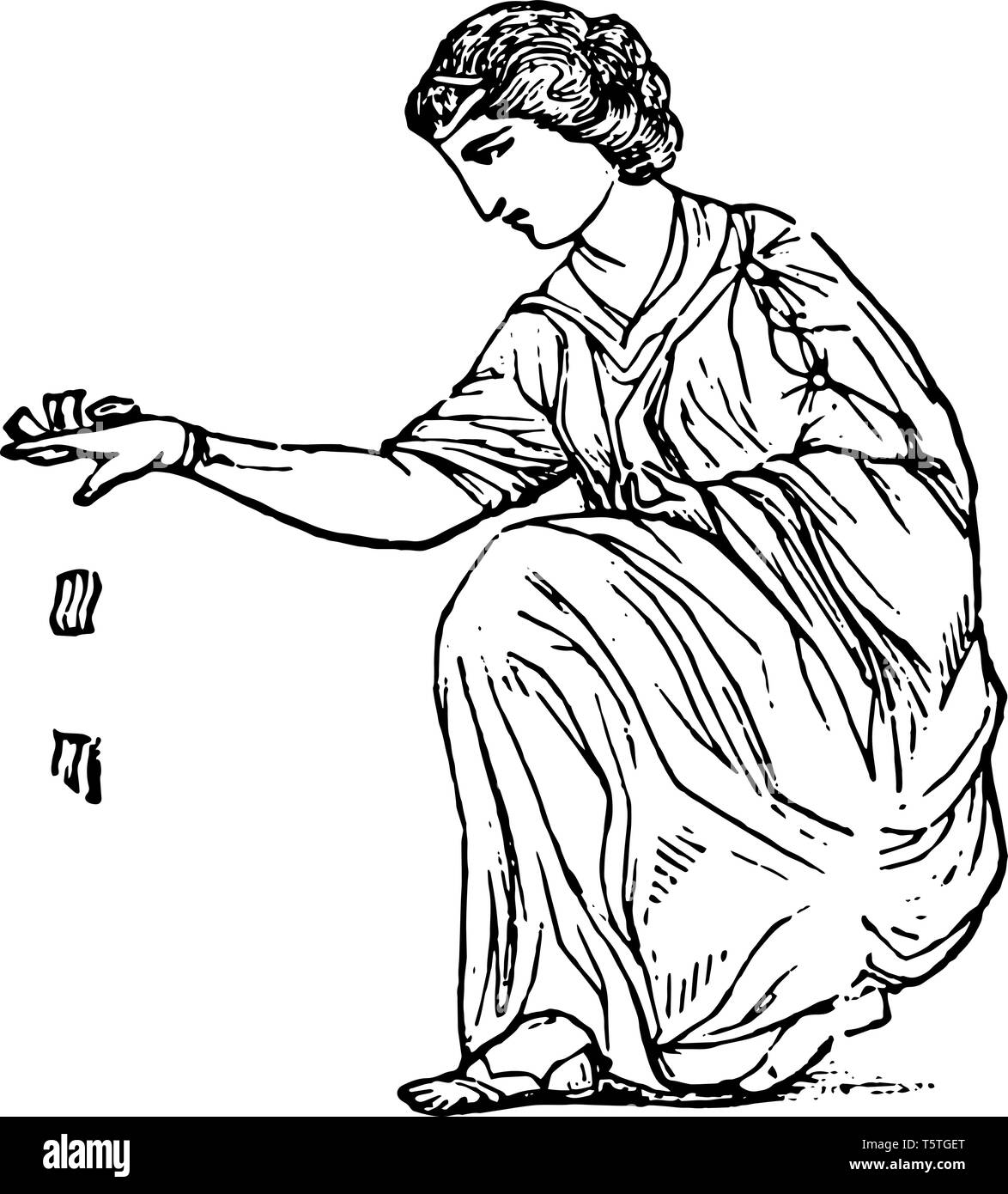 Un dipinto di una donna gettando astragalo, vintage disegno della linea di incisione o illustrazione. Illustrazione Vettoriale