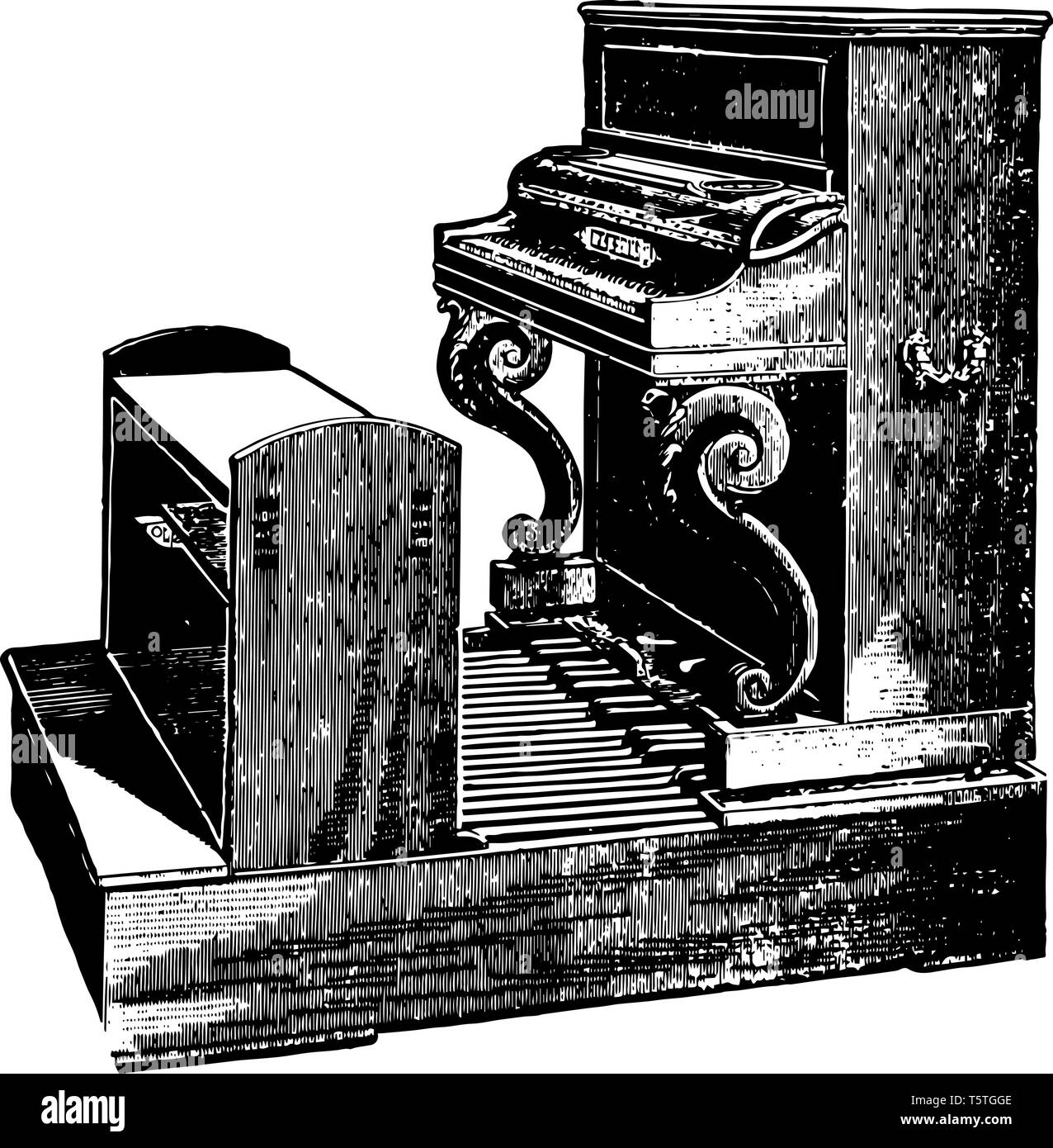 Pianoforte con Pedaliera scheda chiave necessariamente priva il giocatore dell'uso dei pedali ordinaria dello strumento, vintage disegno della linea o incisione di illu Illustrazione Vettoriale