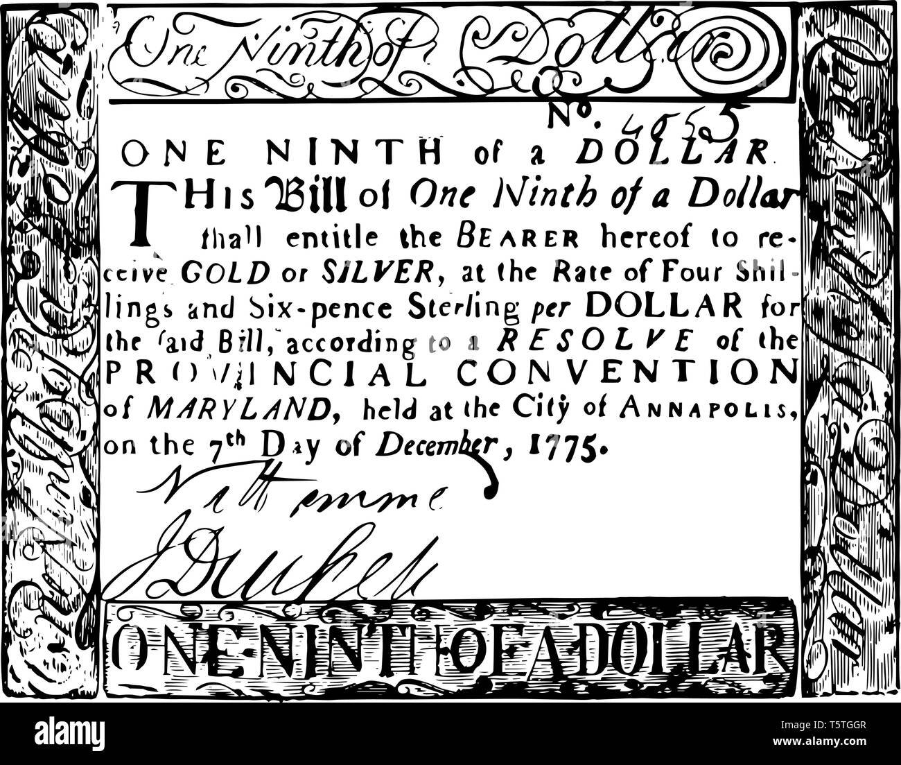 L'immagine mostrata su un nono dollar bill non hanno alcuna immagine sulla parte superiore del disegno di legge, vintage disegno della linea di incisione o illustrazione. Illustrazione Vettoriale