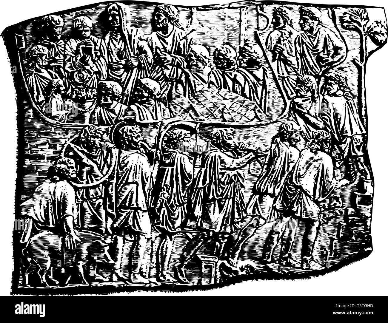 Un'immagine che mostra le due parti: in una parte, i soldati sono la riproduzione di strumenti musicali e in un'altra parte, la cerimonia di premiazione si svolge, linea vintage Illustrazione Vettoriale