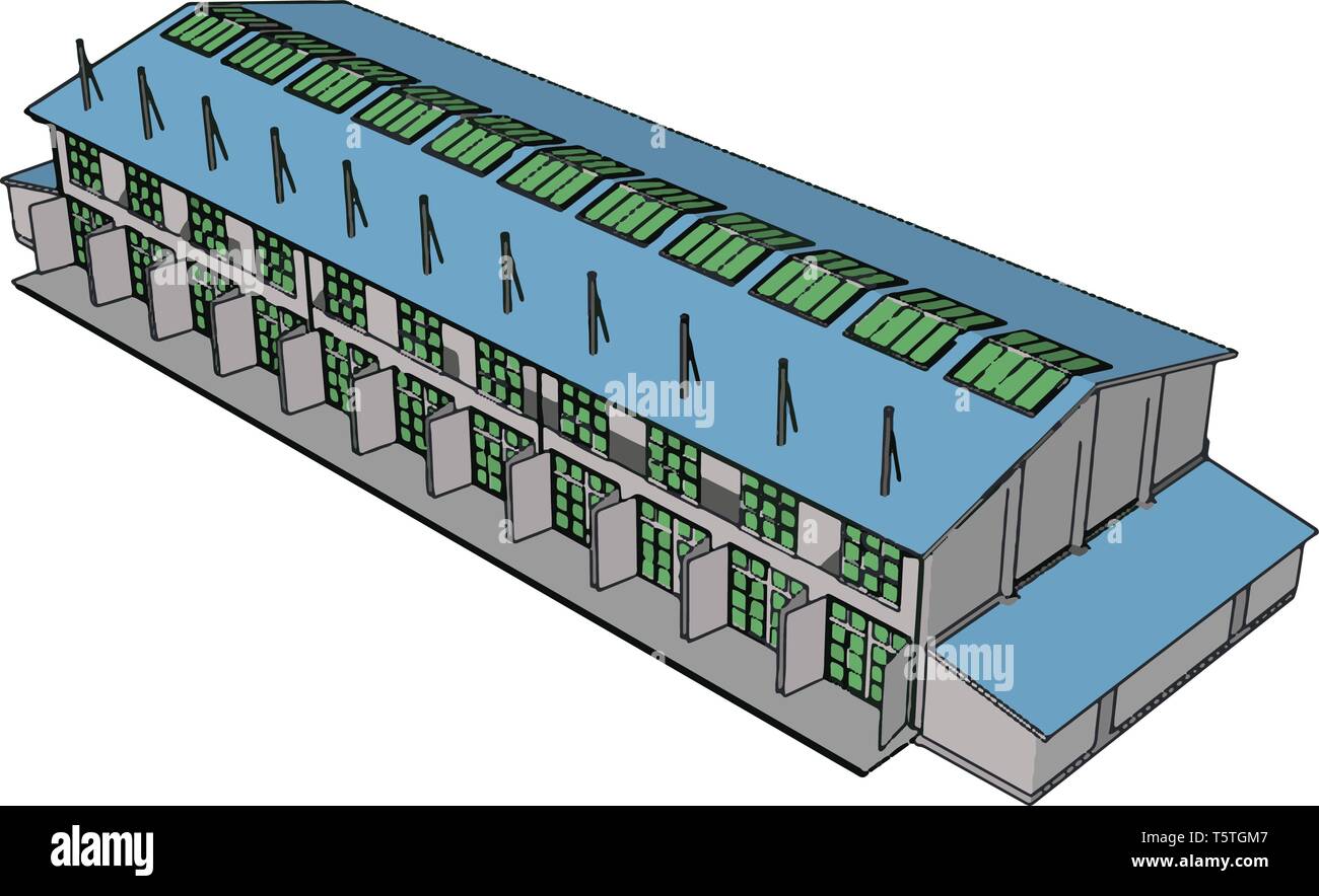 Grande blu e grigio metallo moderno fienile con open chiude illustrazione vettoriale su sfondo bianco Illustrazione Vettoriale