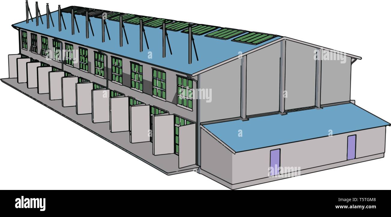 Grande blu e grigio metallo moderno fienile con open chiude illustrazione vettoriale su sfondo bianco Illustrazione Vettoriale