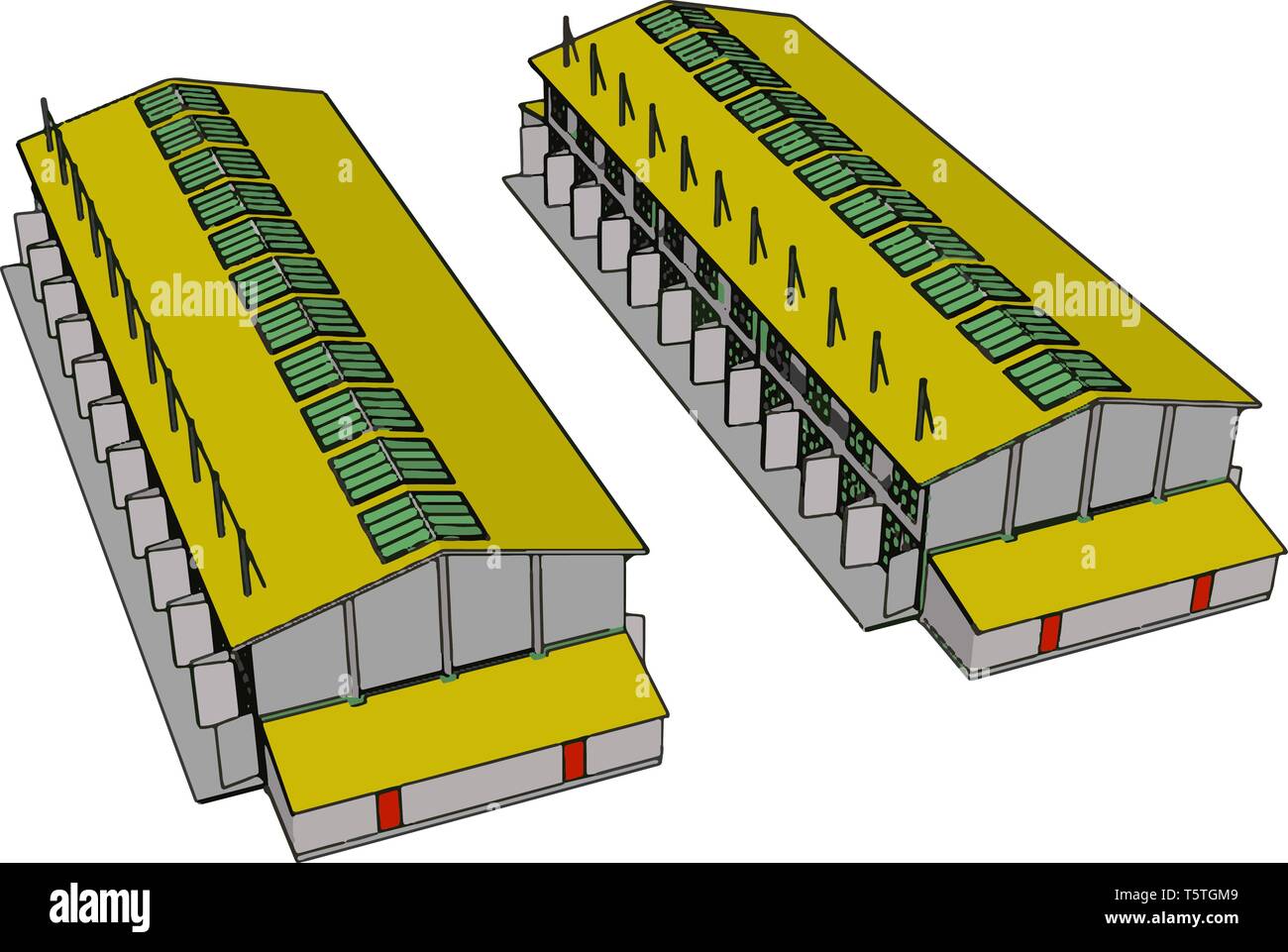 Due verde e giallo grandi stalle moderne con open si chiude ed il tetto verde windows illustrazione vettoriale su sfondo bianco Illustrazione Vettoriale