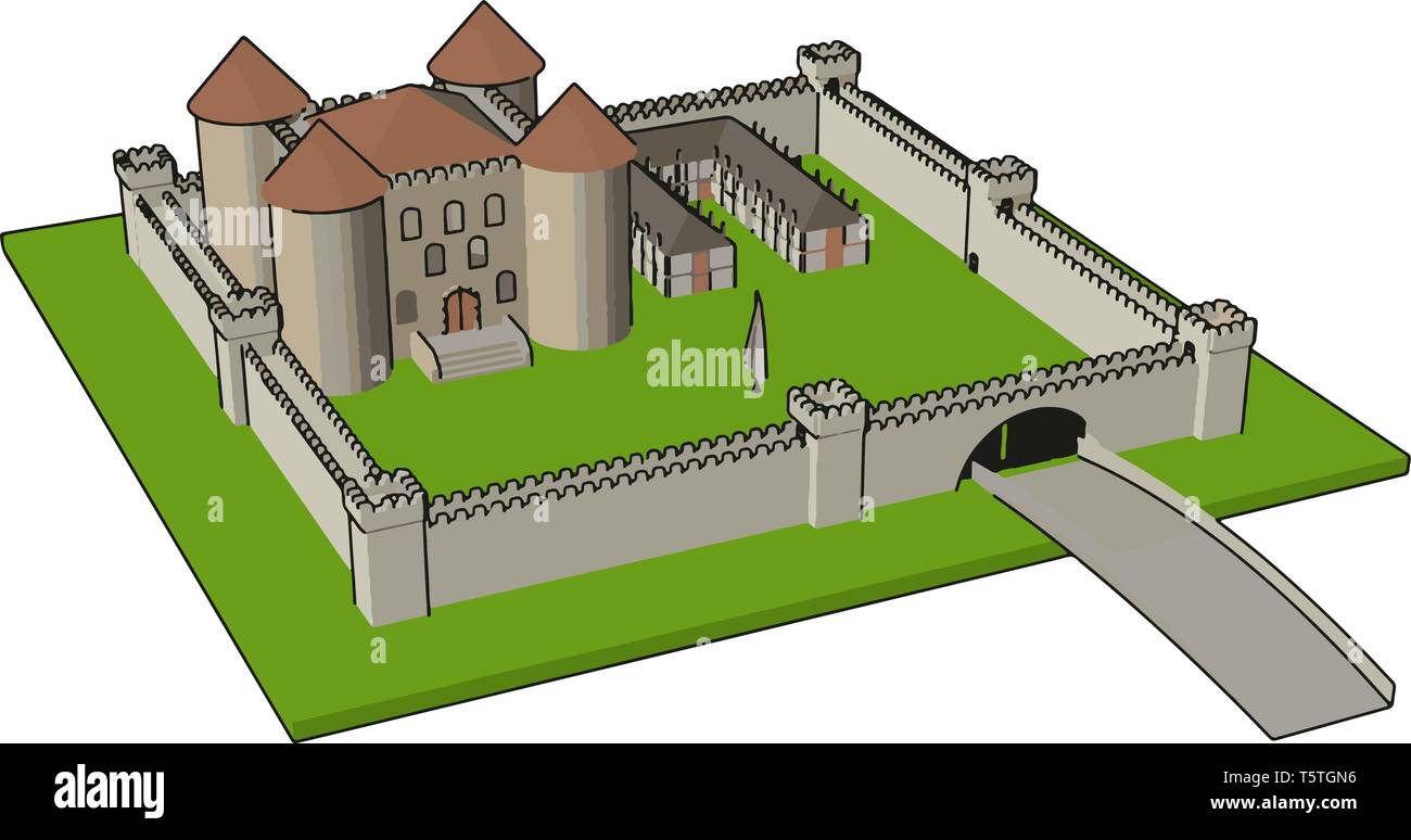 Semplice illustrazione vettoriale di un castello medievale con le mura fortificate e torri sfondo bianco Illustrazione Vettoriale