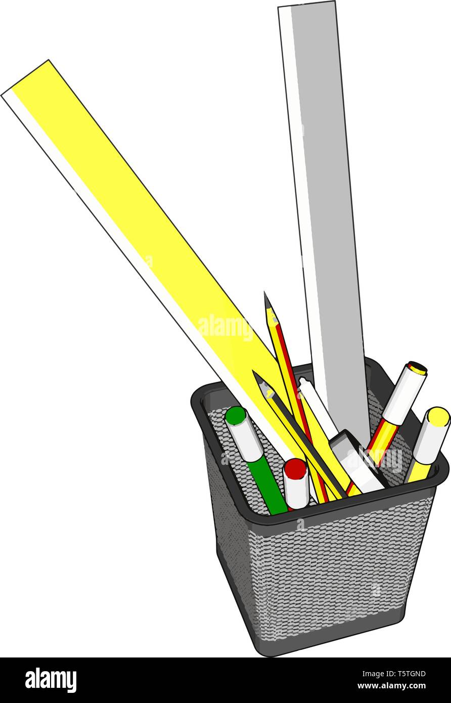 Filo pen cup con i righelli e diverse penne e penciles illustrazione vettoriale su sfondo bianco Illustrazione Vettoriale