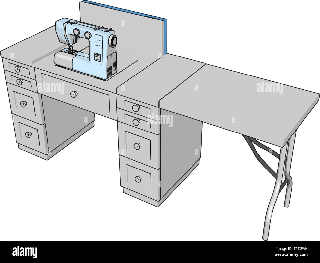 3D illustrazione vettoriale di una macchina da cucire su un tavolo di lavoro sullo sfondo bianco Illustrazione Vettoriale