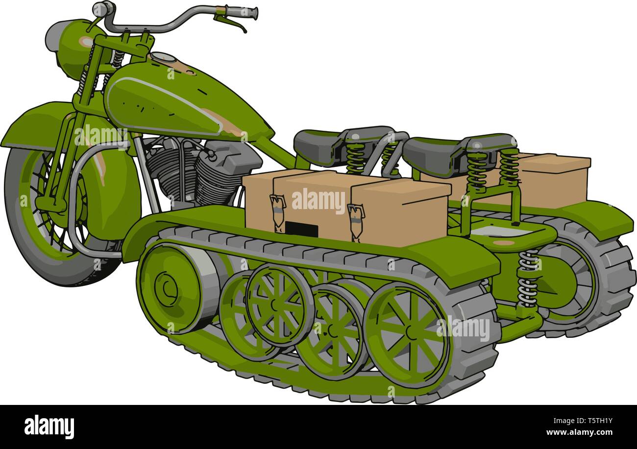 3D illustrazione vettoriale su sfondo bianco di una motocicletta militare con cingoli Illustrazione Vettoriale