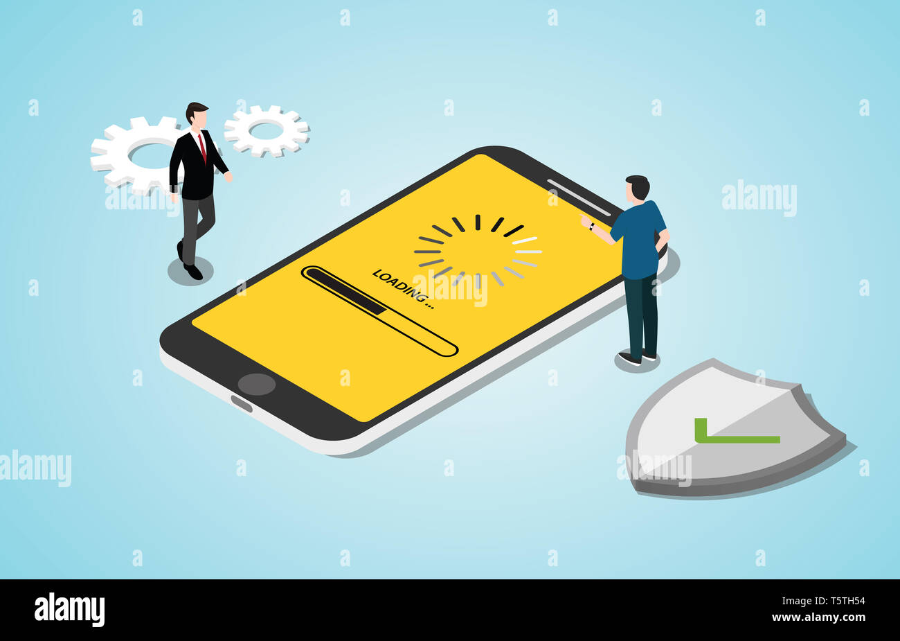 Isometrica, 3d aggiornamento sistema di processo di concetto con le applicazioni dello smartphone in progresso di download - illustrazione vettoriale Foto Stock