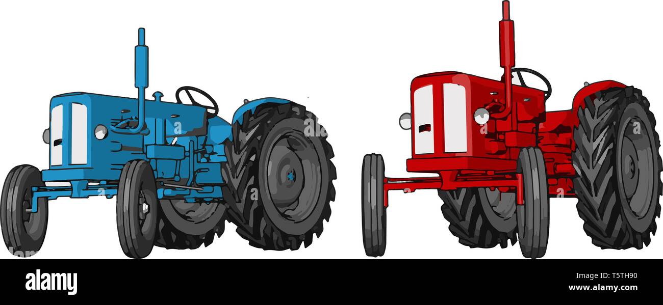 Il blu e il trattore rosso illustrazione vettoriale su sfondo bianco Illustrazione Vettoriale