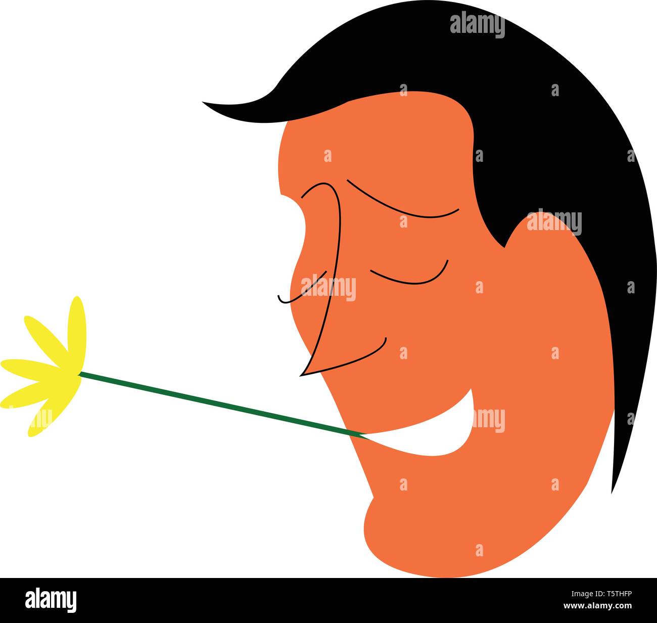 Un cartone animato di un uomo con i capelli neri tenendo un fiore giallo nella sua bocca vettore di disegno a colori o illustrazione Illustrazione Vettoriale