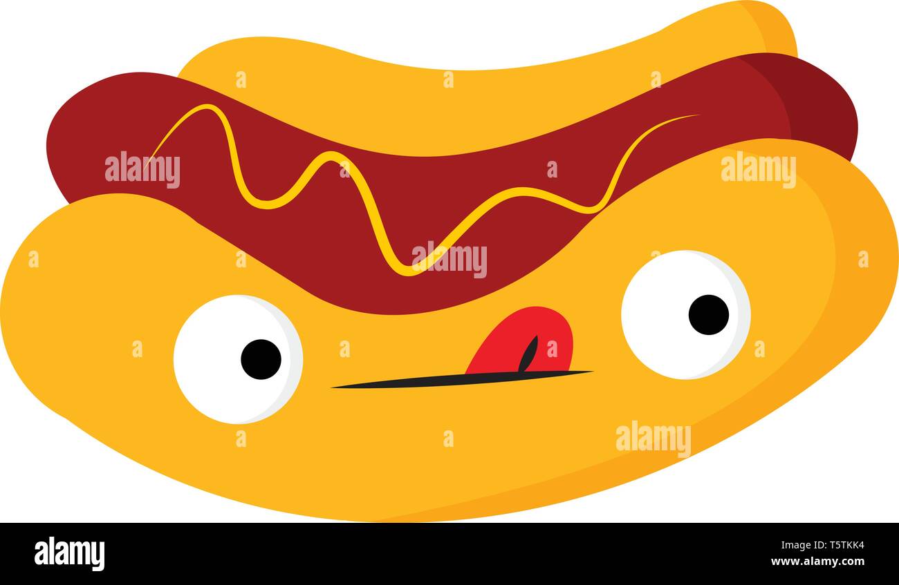 Una griglia o collegamento al vapore-sandwich di salsiccia con occhi sporgenti e la faccina con la lingua di fuori del vettore di disegno a colori o illustrazione Illustrazione Vettoriale