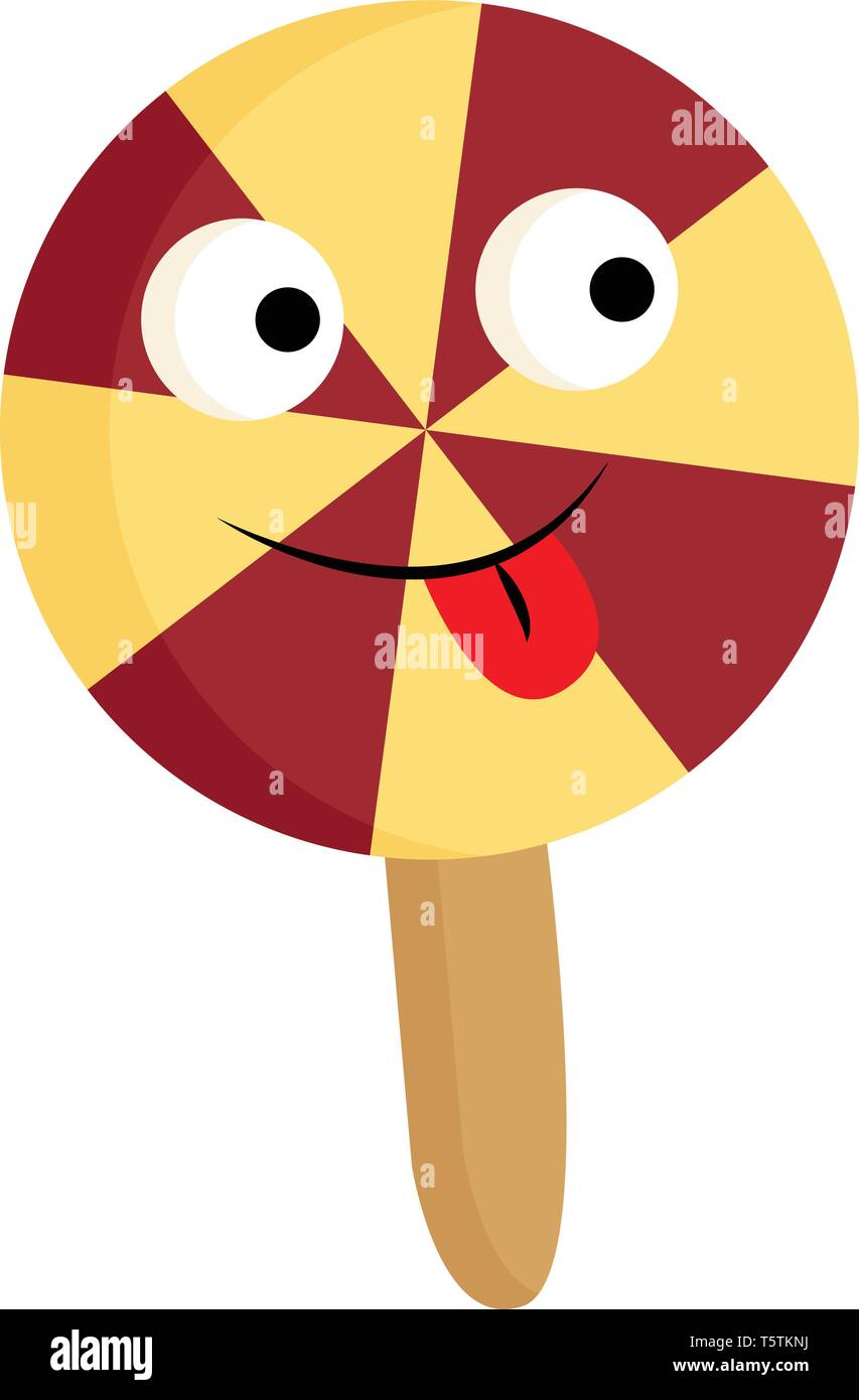 Un colorato a forma circolare lollipop ha otto segmenti alternati di rosso e triangoli gialli e una di colore marrone stecca piatta ha gli occhi grandi e la linguetta Illustrazione Vettoriale