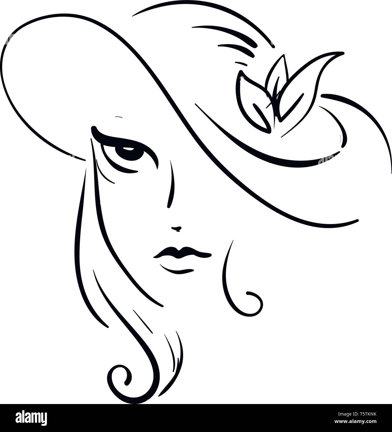 Illustrazione di una bella donna che indossa un cappello progettato sui suoi lunghi capelli in bianco e nero e a colori del vettore di disegno o illustrazione Illustrazione Vettoriale