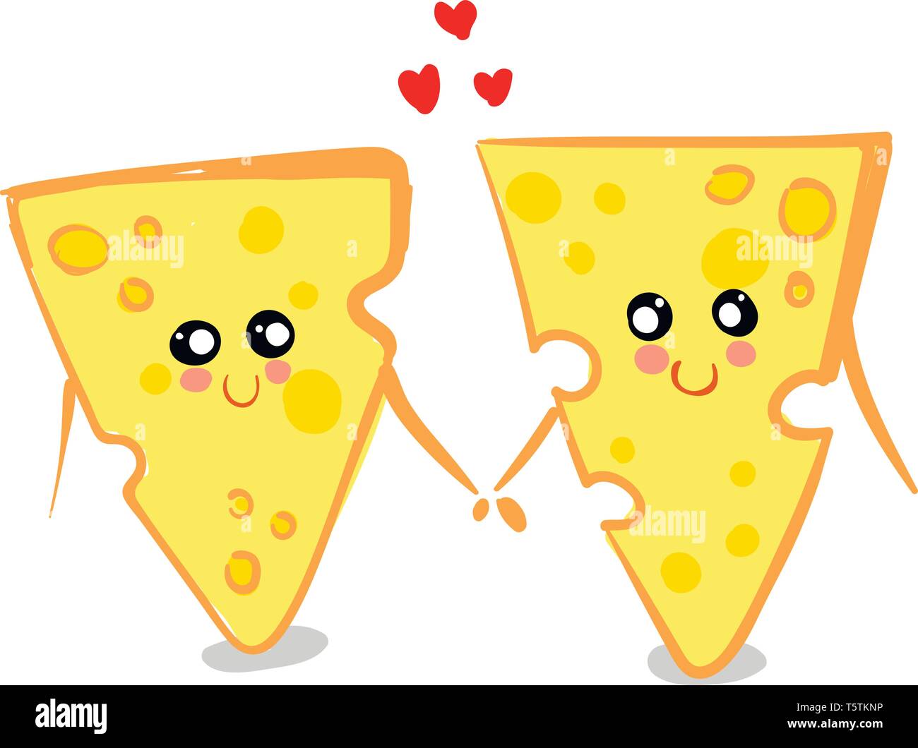 Due di colore giallo amore formaggio tenendo le mani insieme sono con occhi sorridenti e un ampio sorriso chiuso girando fino alle guance rosee permanente, mentre il vettore c Illustrazione Vettoriale
