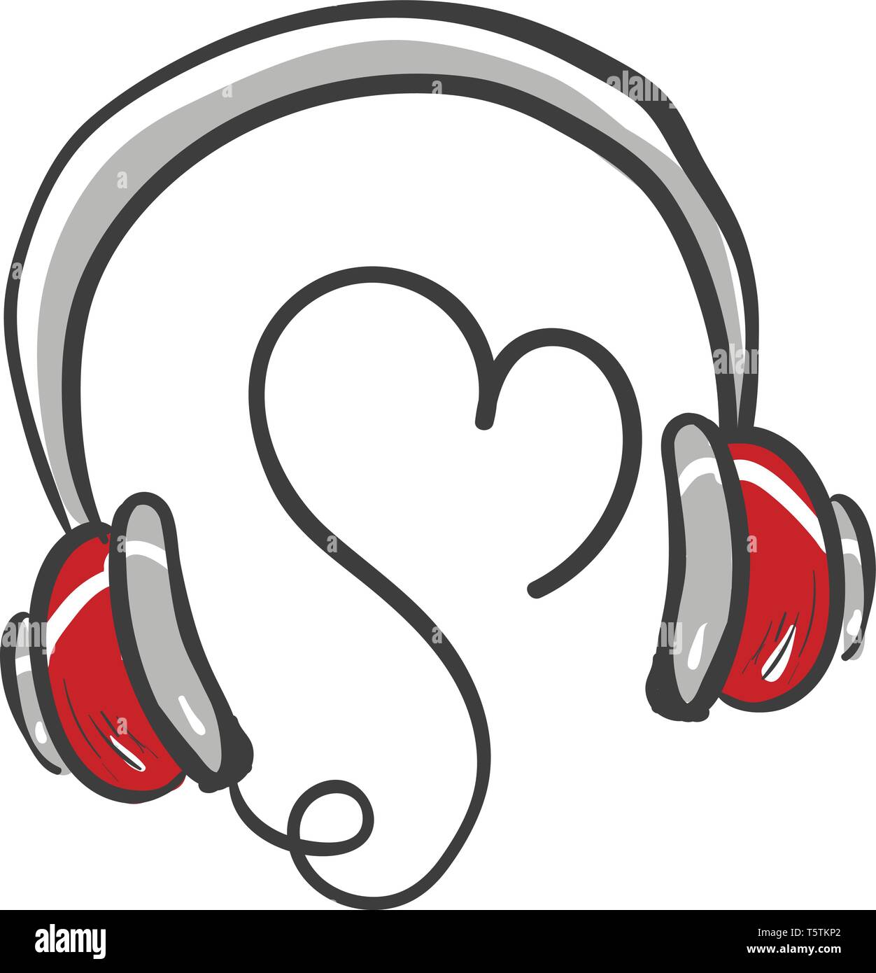 Un amore musica cuffie con un cuore a forma di un filo che viene avvolto e  si trova in un bel grigio e rosso vettore combinazione colore disegno o  illustrazione Immagine e